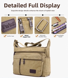 Detail view of khaki canvas crossbody bag with multiple zip pockets for a tablet and phone