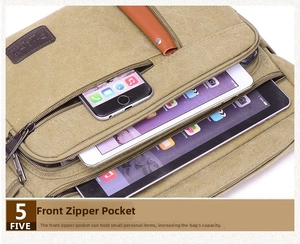 Close-up of khaki canvas shoulder bag with multi-layer storage for tablets and phones