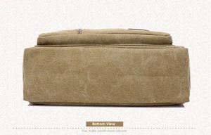 Detail view of the durable canvas base with precision stitching on khaki shoulder bag