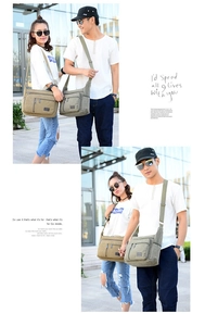 Detail view of khaki and olive canvas crossbody bag with multiple zip pockets and adjustable strap