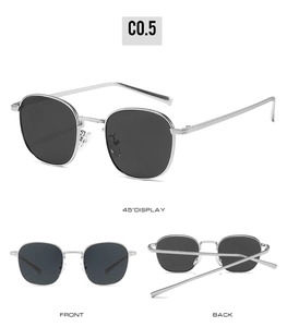 Vue sous trois angles de lunettes de soleil en métal argenté avec texture tissée et verres sombres
