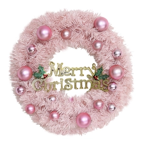 Pink Christmas wreath with ornaments and Merry Christmas sign on white background