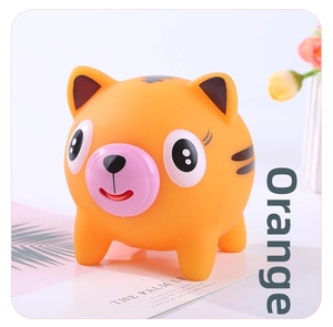 Detailed view of an orange cartoon tiger squeeze toy with stripes on a white background