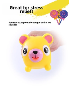 Hand squeezing yellow bear stress toy with red tongue popping out and sound effect