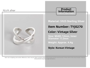 Detailed view of S925 sterling silver cross ring with dimensions and vintage finish