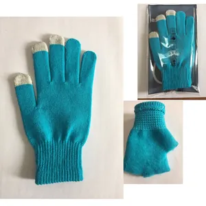 Thick lake blue knitted touchscreen gloves with warm brushed lining and retail packaging