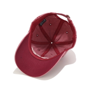 Vintage burgundy washed cotton baseball cap with embroidery and adjustable metal buckle