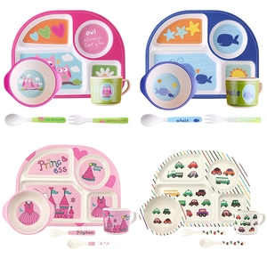 Children Tableware Divided Plate Bowl Cup Spoon And Fork Bamboo Fiber Eco-Friendly Cartoon Animal Themes For Toddlers Feeding