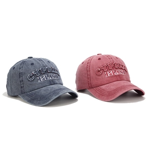 Vintage washed cotton baseball caps with Cyprus Island embroidery in blue and red