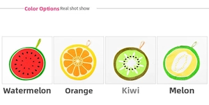 Detail of four hanging fruit towels including watermelon, orange, kiwi, and cantaloupe