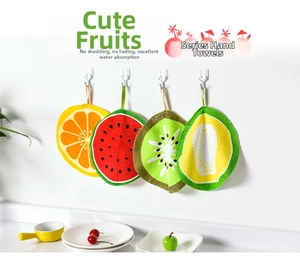 Hanging fruit-shaped hand towels showing vibrant microfiber texture and soft loop details