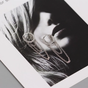 Detailed view of S925 sterling silver hoop earrings with bead tassel chain fringe