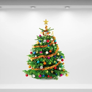 Colorful Christmas tree wall sticker with festive ornaments and star topper for window decor
