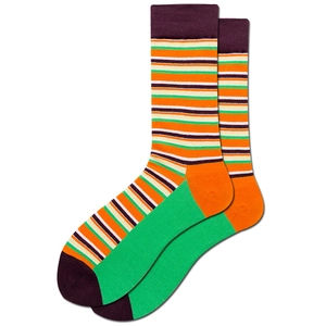 Detailed close-up of colorful striped cotton crew socks with vibrant knit patterns