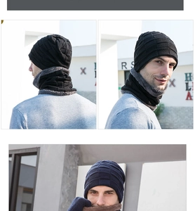 Ensemble bonnet d'hiver en tricot et cache-col doublé polaire pour homme sur modèle.