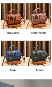 Macro view of four trendy PU leather pillow bags in yellow, pink, blue and green with fur charms