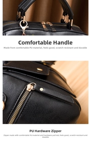 Detail of black lychee grain PU leather handbag with gold metal zippers and sturdy handles