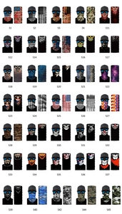 Grid display of seamless thermal neck gaiters in various patterns like camo and skull