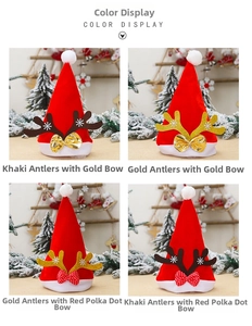 Detail view of red velvet Christmas hats with golden and khaki antlers in four styles