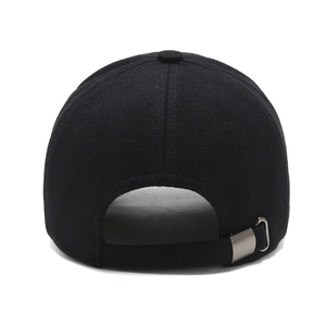 Rear view of black wool baseball cap with adjustable metal slider buckle on white background