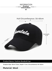 Detailed dimensions of the black woolen baseball cap showing brim size and depth