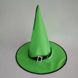 Detail of neon green wizard hat with black ribbon and shimmering square buckle