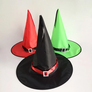 Detail of three Halloween wizard hats in red, black, and green with decorative buckles
