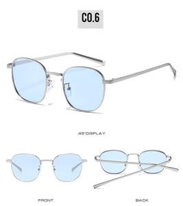Vues détaillées de lunettes carrées en métal argenté avec verres bleu clair anti-UV