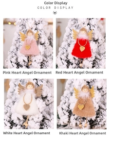 Detail of plush angel ornaments with gold sequin wings in four festive colors