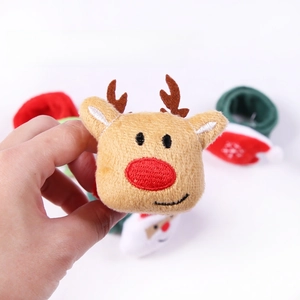 Detail of plush brown reindeer slap bracelet made of soft velvet material for Christmas