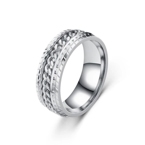 Silver stainless steel spinner ring featuring a central cuban chain design and textured edges