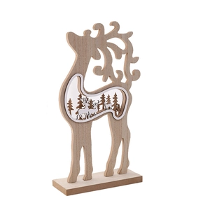 Nordic wooden reindeer ornament with laser-cut multi-layer forest silhouette and base