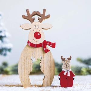 Nordic wooden reindeer desk ornaments set with red finish on a snowy background