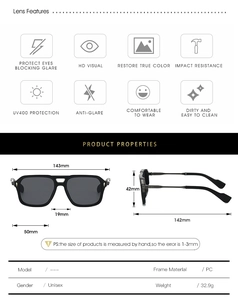 Detailed measurement chart for unisex square metal sunglasses with UV400 protection