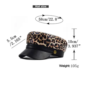 Detailed size chart for leopard PU beret showing 58cm circumference and 5.5cm brim length