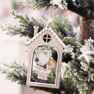 Hanging wooden Christmas house ornament with Santa Claus illustration on snow branch