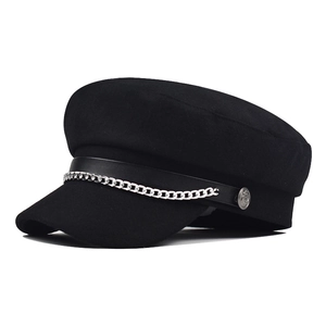 Women Woolen PU Leather Newsboy Hat With Metal Chain Vintage Baker Boy Cap Military Flat Top Fashionable Accessory