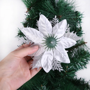 Silver glitter Christmas flower decoration back view showing secure plastic base