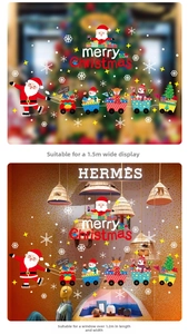 Detailed Christmas window decals showing Santa on a sled with Merry Christmas text