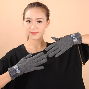 Graue Winterhandschuhe mit blauer gepunkteter Schleife und schwarzer Spitze für Damen