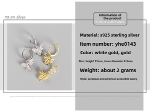 Detail specifications for S925 sterling silver bee earrings with size measurements
