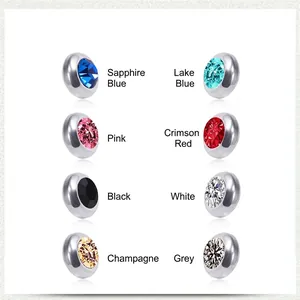 Titanium steel magnetic stud earrings with round cubic zirconia in 8 assorted colors
