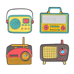 Set di quattro spille vintage a forma di radio in smalto stile pop art nostalgico