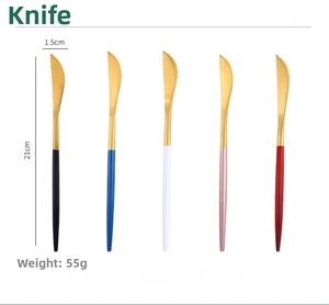 Dettaglio di coltelli in acciaio inox 304 da 21cm in cinque colori con dimensioni e peso
