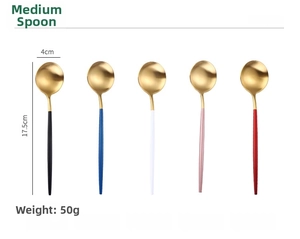 Dettaglio cucchiai in acciaio inox dorato da 17,5 cm in cinque colori di manico