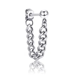 Silver stainless steel stud earrings with ball post and cuban link chain dangle design