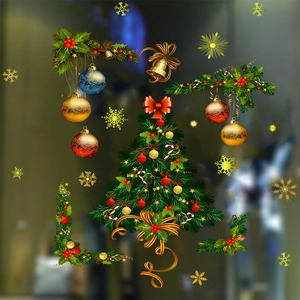 Golden Christmas ball and tree self-adhesive wall stickers for festive window decoration