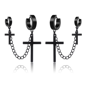 Black stainless steel cross earrings with chain link for punk style jewelry fashion
