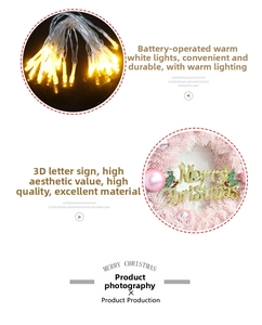 Detail of warm white LED string lights and pink wreath with gold Merry Christmas sign