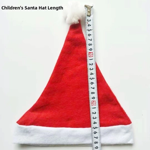 Detailed view of red Christmas hat for kids with measuring tape showing size and length